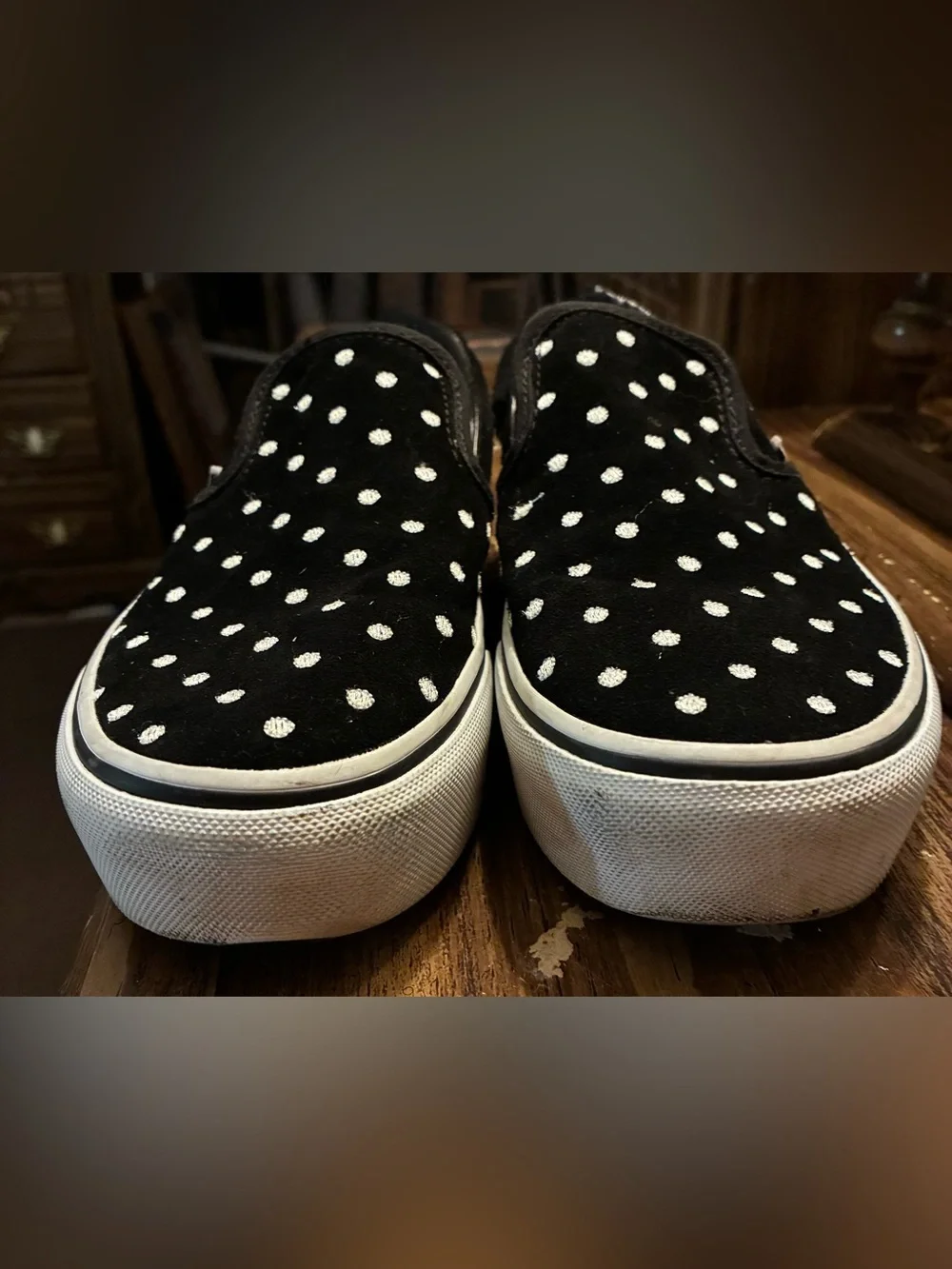 Vans Classic Slip-On Platform Suede Polka Dot Black White Womens 6/Mens 4.5